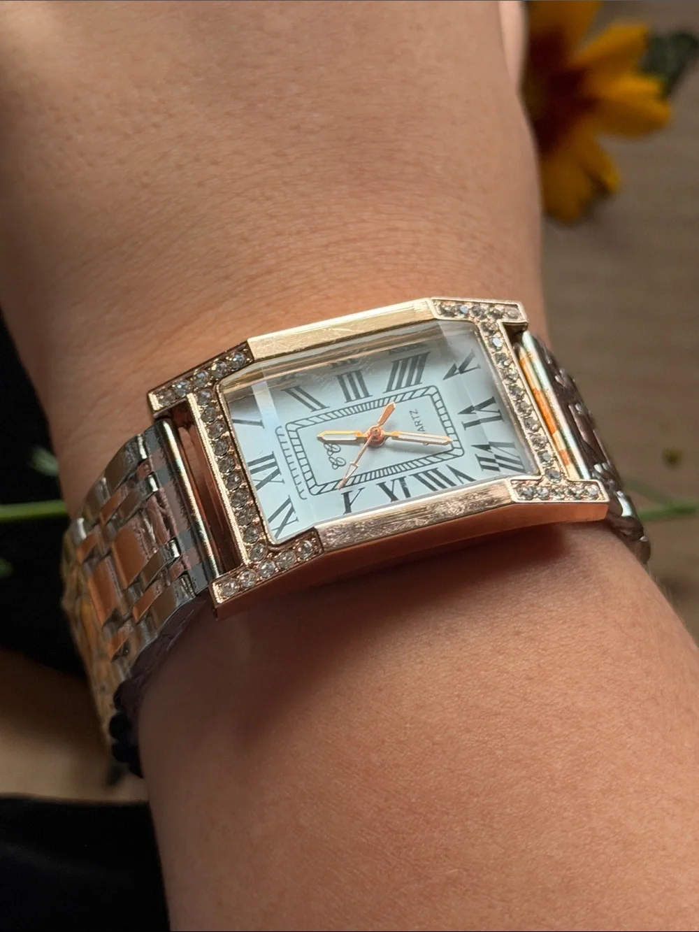 Rose Gold Crystal-Accent Rectangular Quartz Watch